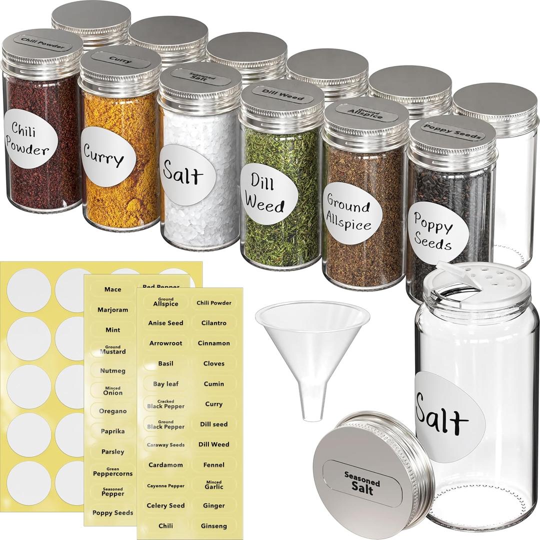 Simple Houseware 12-Pack 3 oz Glass Spice Jars, Round Bottles with Shaker Lids, Funnel and Labels for Seasoning & Storage