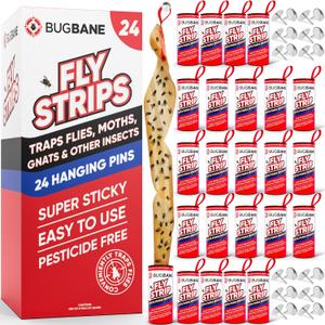 Fly Strips Indoor Sticky Hanging 24pk with Pins. Non Toxic Outdoor Fly Trap Indoor for Home. Flies Tape Paper Trap Ribbon Roll for House Gnat Fruit and Housefly. Bug Catchers for Inside Home Flypaper.