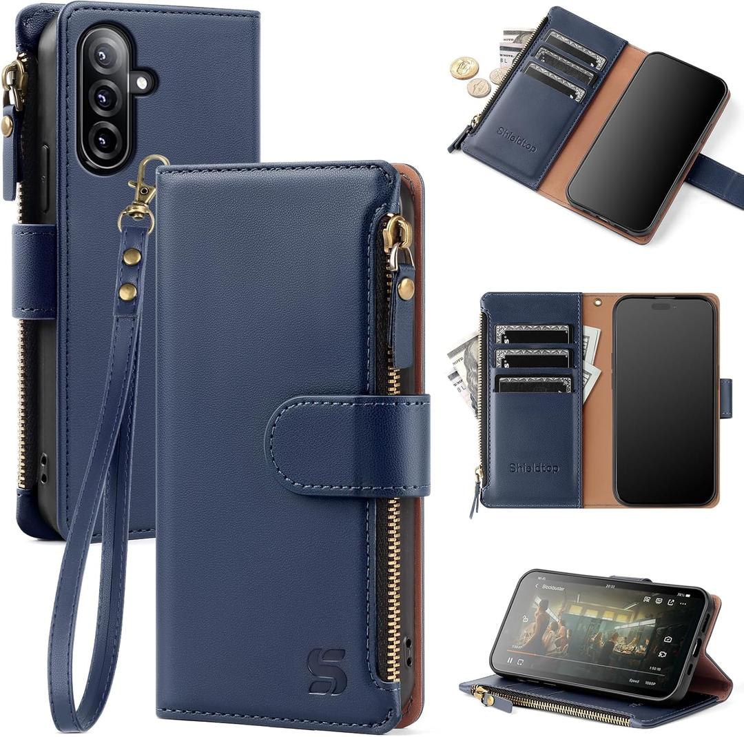 Compatible with Samsung Galaxy A17 5G / A26 5G Wallet Case with Card Holder,PU Leather Phone Case Flip Protective Cover Wrist Strap Zipper Credit Card Slots RFID Blocking Women Men,Blue