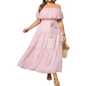 Plus Size Chiffon Off The Shoulder Maxi Long Floral Summer Casual Beach Boho Sundress Women 2024, Pink Floral, W14