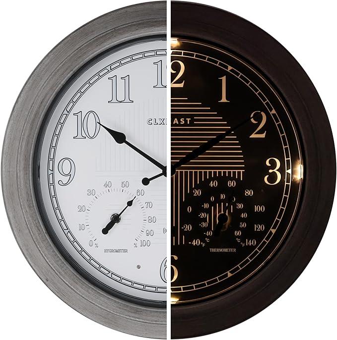 CLXEAST 24 Inch Self-Illuminated in/Outdoor Atomic Wall Clock with Temperature and Humidity, Oversized Large 24 Inch Wall Clocks for Living Room Decor, Brushed Grey Oak Wooden Finish CLXEAST 24 Inch Self-Illuminated in/Outdoor Atomic Wall Clock with Temperature and Humidity, Oversized Large 24 Inch Wall Clocks for Living Room Decor, Brushed Grey Oak Wooden Finish