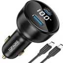 100W USB C Fast Car Charger with Display, PD3.0+QC Type C Car Charger Adapter with 100W USB C Fast Cable, Fast Charging for Laptops, MacBook Pro, iPad, iPhone 16/15/Pro Max, Galaxy S24/S23 Ultra Etc.