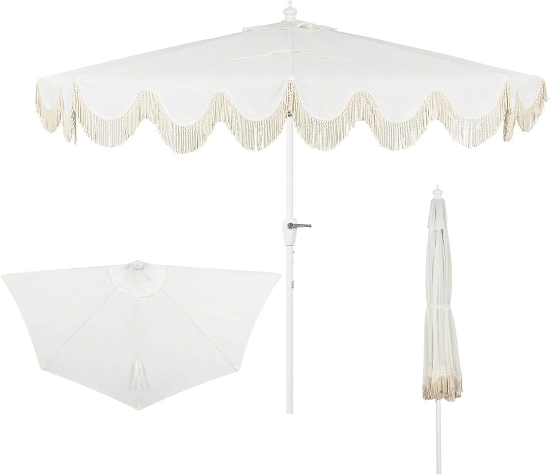 JONATHAN Y Half Umbrella UMB1201K Beverly 9 ft. Designer Classic Scalloped Fringe Market Patio with Crank, Tilt Button and UV Protection in Cream/White, White Pole