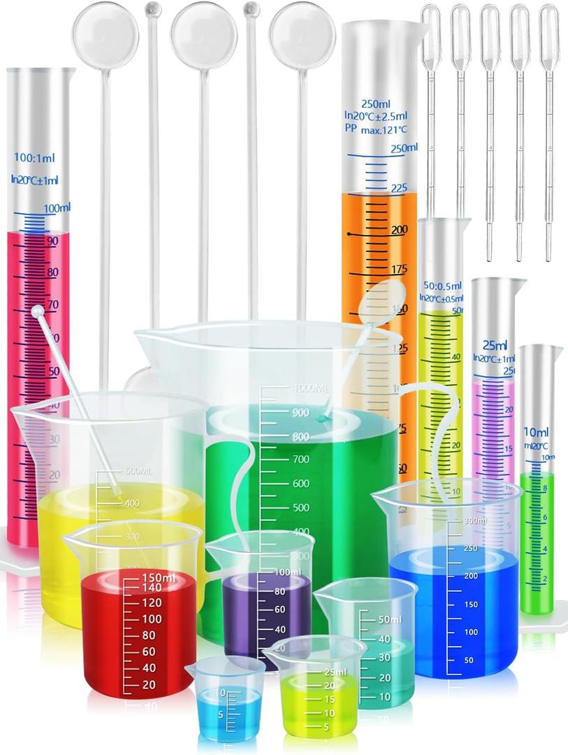 Artcome Plastic Graduated Cylinders and Beakers with 5 Pipettes, 10/25/50/100/250ml Cylinders, 10/25/50/100/150/250/500/1000ml Beakers, 5 Stirring Rods  Ideal for Science Lab, DIY, Halloween Decor