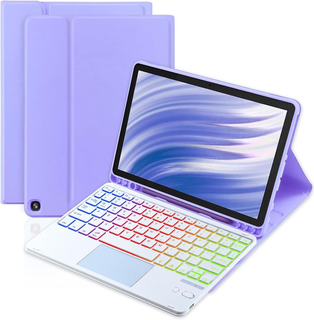 MePadKey Trackpad Keyboard Case for Amazon Fire HD 10/10 Plus 10.1 inch 2021/2023(11/13th Generation),7-Color Backlight Rechargeable Keyboard with Kids Multi-Angle Cover for Tablet (Purple)