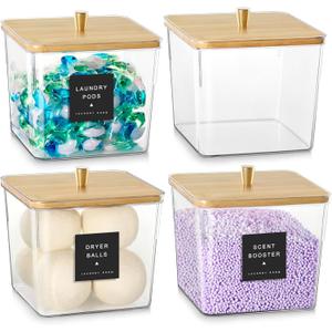 4 Pack Laundry Storage Containers for Detergent, Acrylic Laundry Detergent Jars with Scoop, Large Laundry Organizer Detergent Dispenser for Laundry Room
