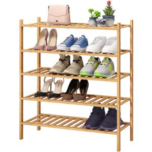 5-Tier Bamboo Shoe Rack for Entryway, Stackable | Foldable | Natural, Shoe Organizer for Hallway Closet, Standing Shoe Racks for Indoor Outdoor