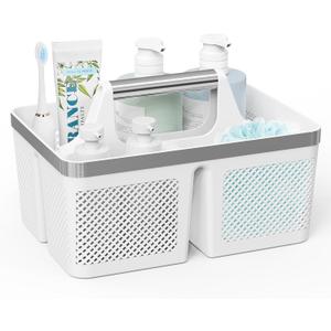 BYUNER Plastic Shower Caddy Dorm: Portable Bathroom Caddy Organizer with Handle and Holes, Cleaning Basket, Hard Shower Basket Storage Tote for Toiletry, College Dorm Room Essentials White/Silver