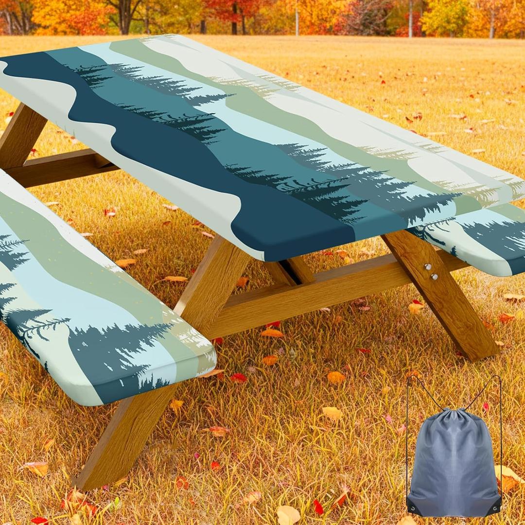 Smiry Picnic Table Cover with Bench Covers, Waterproof Elastic Fitted Tablecloth for 6 Foot Tables, Washable Polyester Tablecloths for Camping, Indoor & Outdoor (Green Blue, 30x72 Inch 3-pc Set)