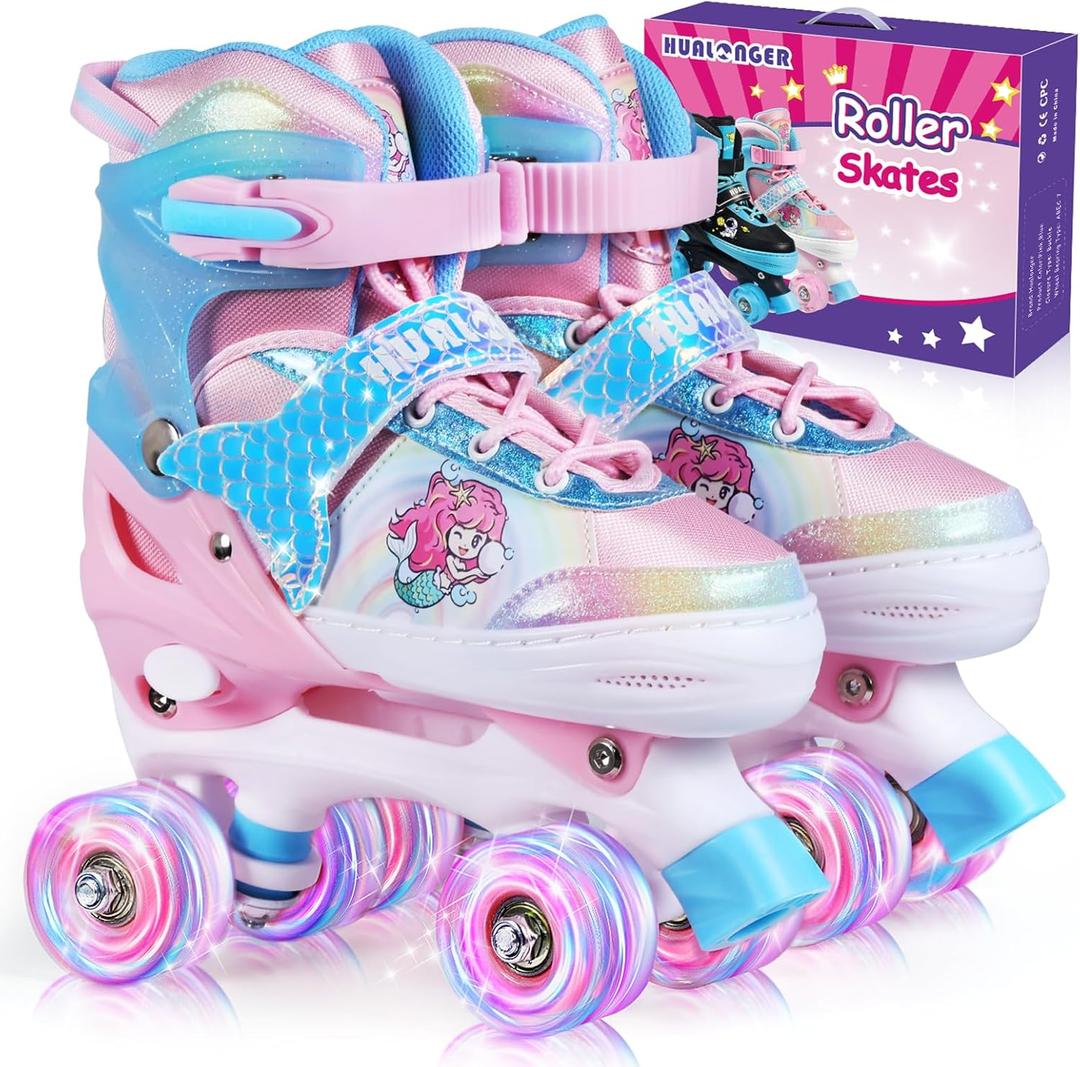 Roller Skates,4 Size Adjustable Roller Skates Kids,Light-Up Wheels and Adorable Cartoon Designs, Multiple Layers of Protection for Girls and Boys,Suitable Indoor Outdoor (Small-Little Kid, Blue & Pink)
