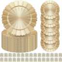 Tanlade 50 Set Light Gold Charger Plates Bulk with Napkin Rings Plastic 13" Plate Charger Fluted Edge Wedding Decoration for Table Wedding Party Event(Gear), Gear Style
