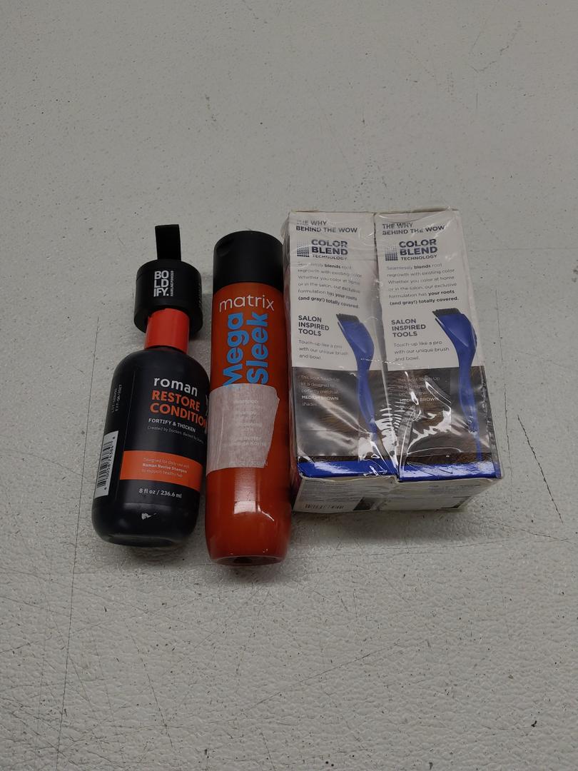 ROMAN Men's Restore Conditioner; Clairol Root Touch-Up by Nice'n Easy Permanent Hair Dye; BOLDIFY Hairline Powde; MATRIX Mega Sleek Shampoo