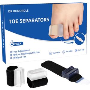 Hook&Loop Adjustable Toe Separators - Breathable Bunion Corrector for Men, Women & Tailors, Silicone Toe Spacers for Restoring Overlapping Toes & Hammertoe Straightener, No Curling - Black(6PCS)