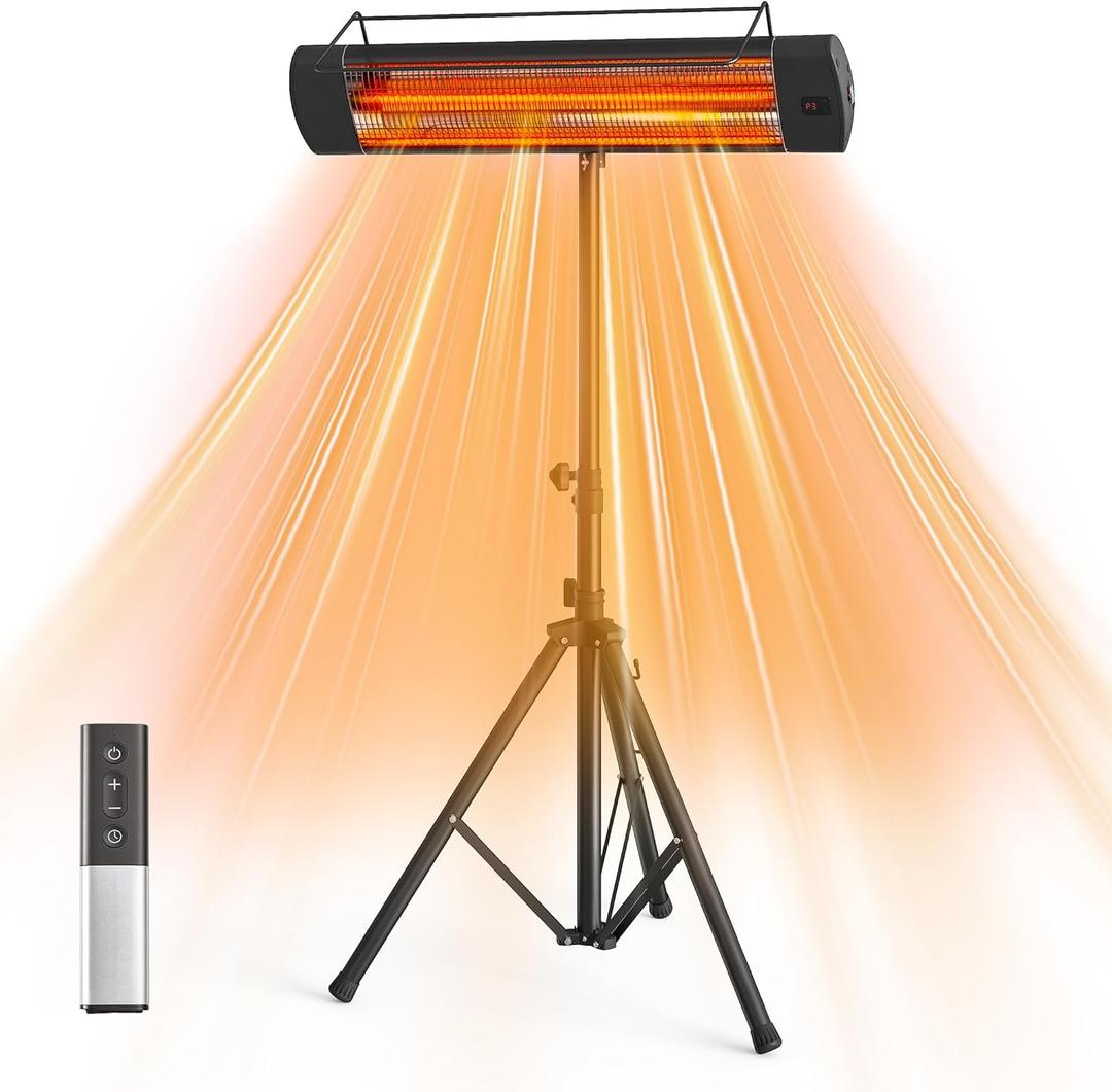 FansaFurn Patio Heater with Remote, 1500W Electric Infrared Heater for Outdoor/Indoor Use, 24H Timer, IP65 Waterproof, Tip-over Protection, Infrared Patio Heater with Tripod for Garage, Backyard (Black1)
