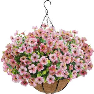 Artificial Hanging Flower Plants with Pot Planter, 12 Bundles Fake Flowers Uv Resistant Artificial Outdoor Flowers for Spring Summer Yard Porch Patio Garden and Home Decoration - Pink