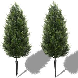 3FT Artificial Cedar Topiary Trees with Ground Spike, UV Resistant Topiary Trees Artificial Outdoor Plants, Artificial Plants Outdoor for Indoor, Front Porch, Garden, Set of 2