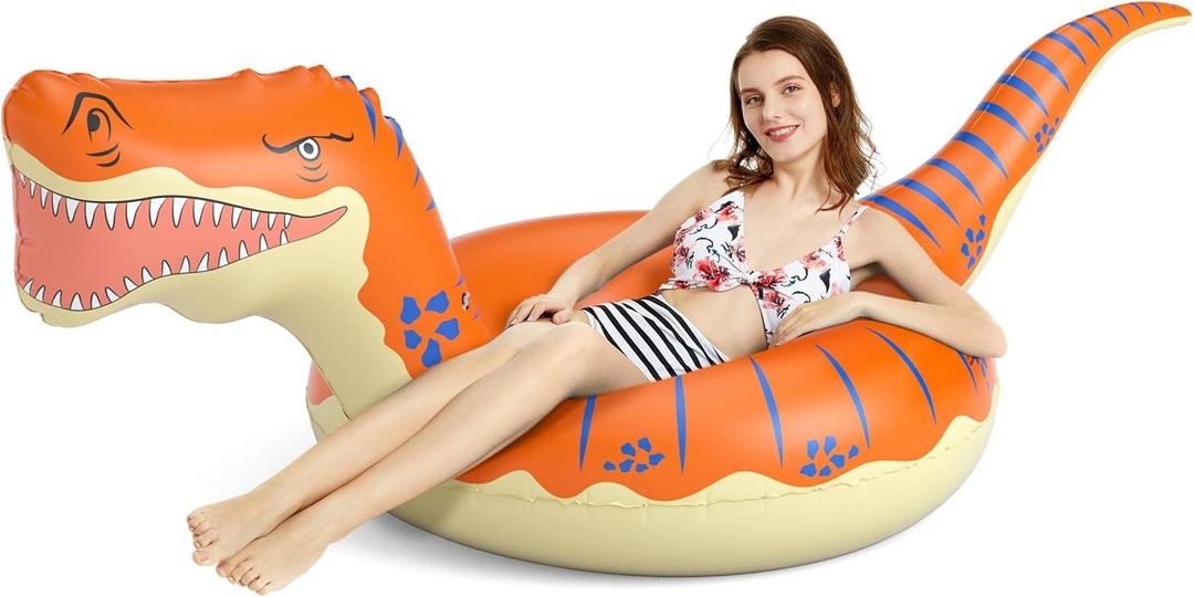Jasonwell Inflatable Dinosaur Pool Float Tube for Boys Girls Adults 93'' T-Rex Floatie Summer Beach Swimming Pool Inflatables T-Rex Ride on Party Pool Raft Lounge Kids Tyrannosaurus Rex Dinosaur Toys (Orange)