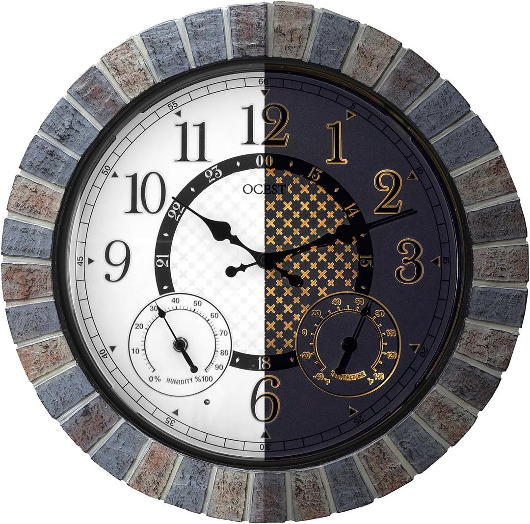 OCEST 18 Inch Large Outdoor Clock Waterproof Thermometer Hygrometer Combo Night Light Illuminated Wall Clocks Battery Operated Silent Non-Ticking Ideal Patio Clock for Garden Pool Porch Yard Garage (White)