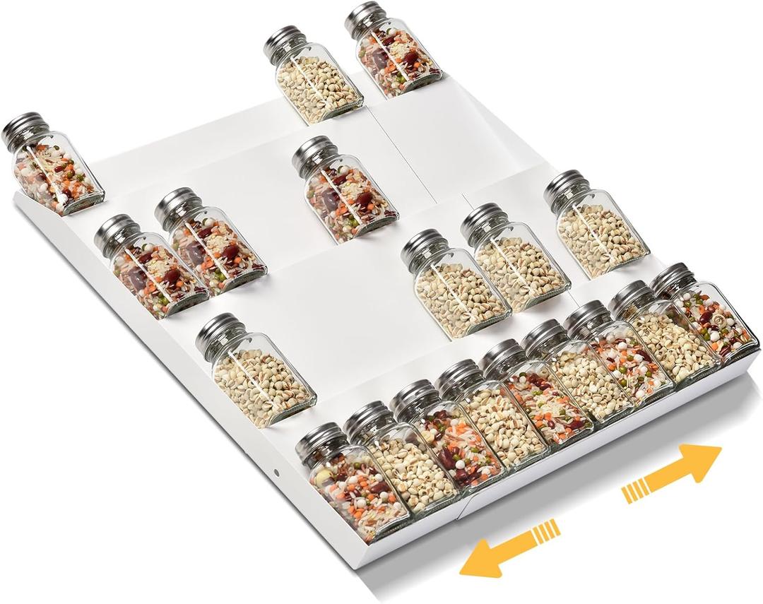 GOENDR Metal Spice Drawer Organizer, 4-Tier Spice Rack for Drawer, Expandable Seasoning Organizer Fits 11.4-22.8 Drawer, Holds up to 48 Spice Jars (Not Included), White