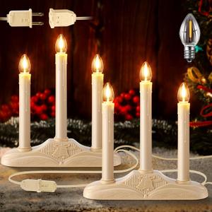 Meonum 2 Sets 3 Light Electric Window Candles Plug in Christmas Candle Light with C7 Bulbs, Ivory Christmas Candelabra with Switch, Charge Connector, Spare Bulb for Holiday Party Window Decor (LED)