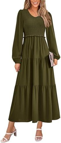 PRETTYGARDEN Fall Dresses for Women 2025 Casual Long Sleeve V Neck Smocked A Line Long Flowy Wedding Guest Dress, XL