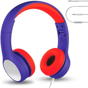 LilGadgets Connect+ Style On-Ear Kids Headphones with Microphone - SharePort Technology, SoftTouch Padding, Detachable Cable, Noise Reduction, Durable & Adjustable - Blue/Red Headphones for Kids