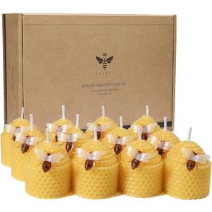 DEYBBY Natural Beeswax Candles Bulk Set of 12, Small Bee Votive Candles with Little Bee Decorations as Gift (Yellow)