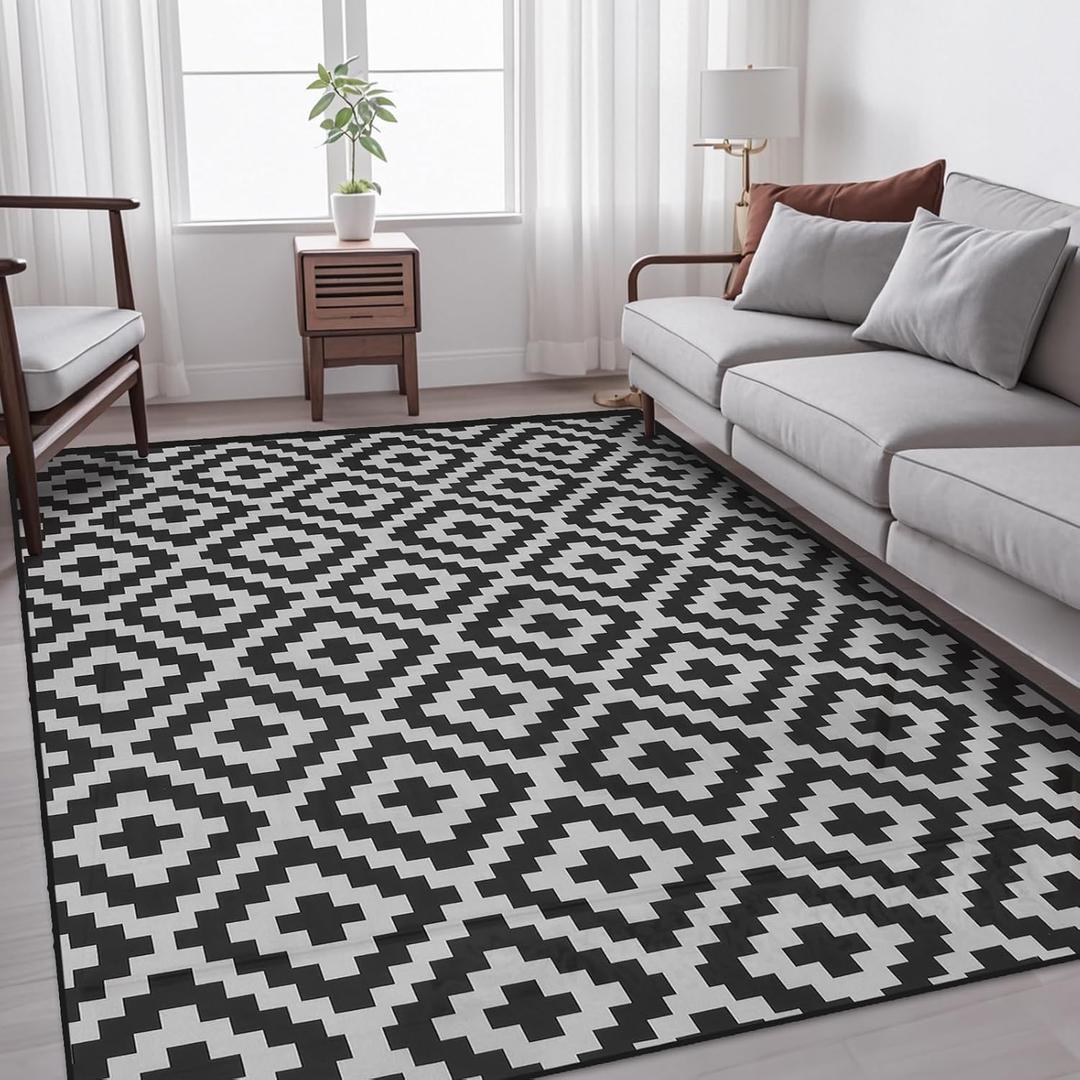Boho 6x9 Soft Area Rug with Nonslip Backing for Living Room, Bedroom, Dinning Room, Low Piles Carpet Mat Indoor and Outdoor Rug, Black&Gray