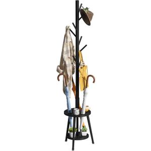 FILWH Freestanding Coat Rack with Umbrella Organizer Tray Bamboo Coat Tree Rack with 8 Hook Stand for Clothes Bag Hats Entryway Hanger Stand (Black)