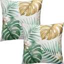 Giwawa Palm Leaf Pillow Cover Set of 2 Tropical Green Brown Banana Leaves Floral Cotton Throw Pillowcases Summer Monstera Flower Soft Square Cuchion Covers 20"x20" for Couch Sofa Patio Decor
