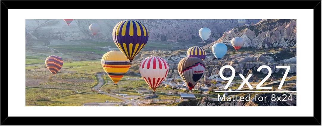 9x27 Picture Frame with 8x24 Mat, Display Photo 8x24 with Mat or 9 x 27 Without Mat, Wall Hanging Large 9 by 27 Poster Frame with Plexiglass, Black