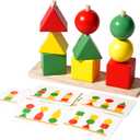 Wooden Sorting & Stacking Toys, Color Recognition Sensory Toys Shape Matching Game, Stacking Puzzle Building Blocks Learning Activities Fine Motor Skills Toy for 2 3 4 5 Years Old Kids