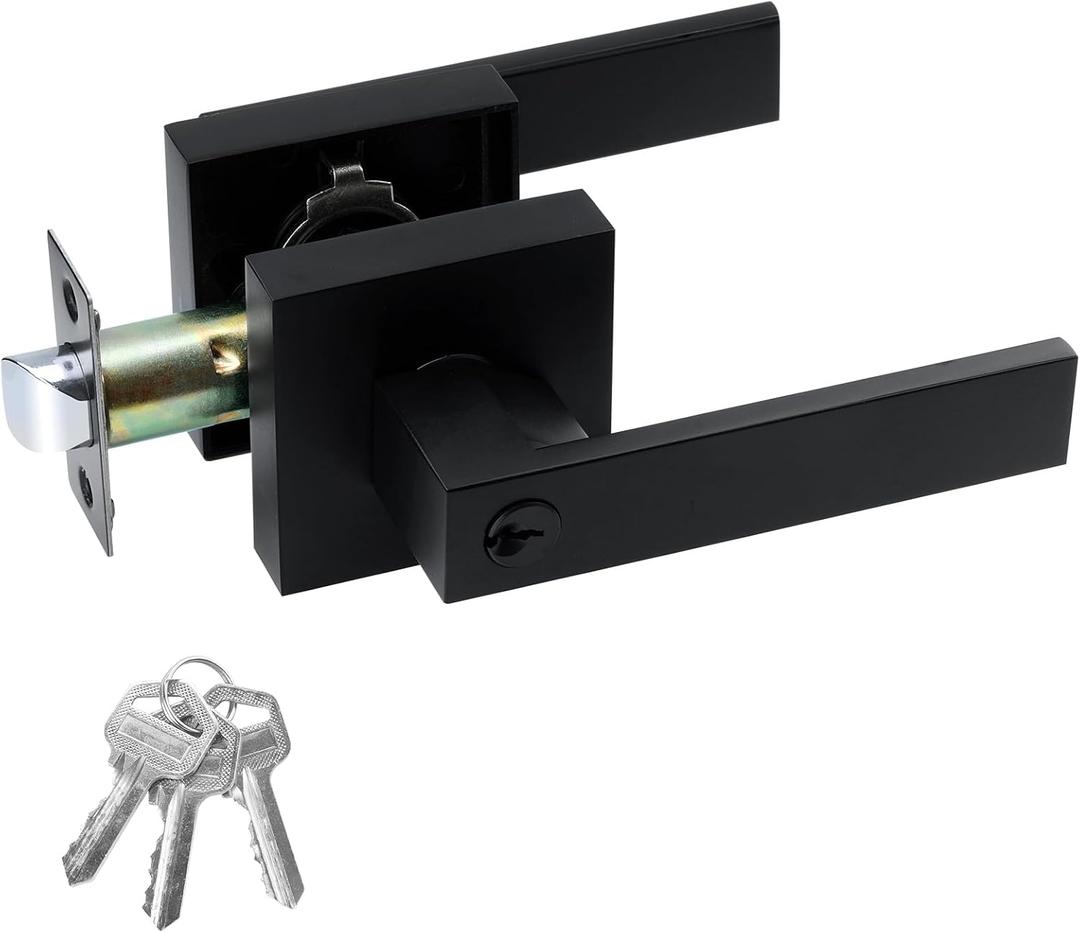 JO.KO Entry Door Lock Set, Square Door Lever for Bedroom, Passage Door Privacy Locking Interior/Exterior Entry Door Knob/Heavy Duty