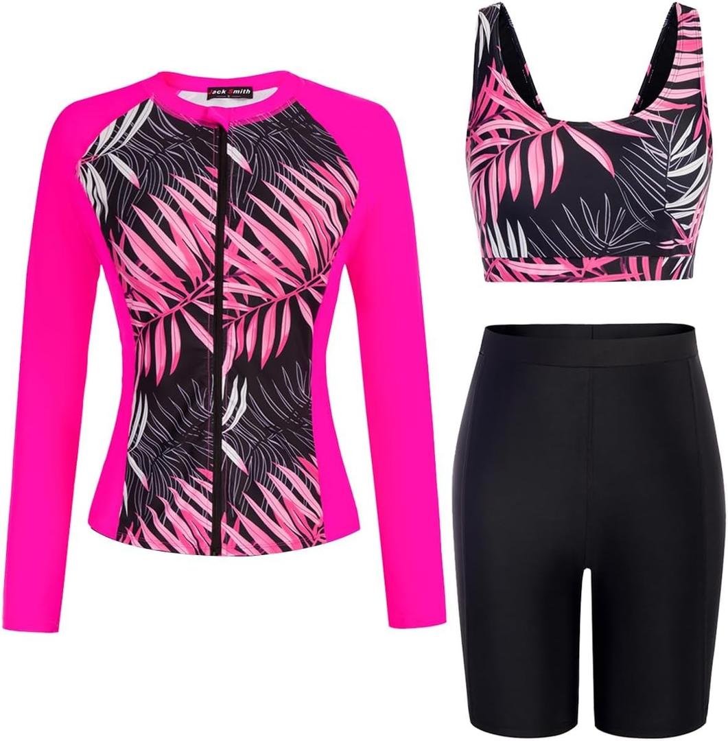JACK SMITH Women's 3 Piece Long Sleeve Rash Guard Swimsuits Zip Front Bathing Suit Tankini Swimsuits UPF 50, Large