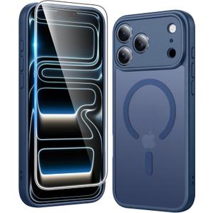 FNTCASE for iPhone 17 Pro-Max Case: Matte Magnetic Phone Cases with Screen Protector Compatible with Magsafe Slim Anti Yellowing Rugged Shockproof Protective Translucent Cell Phone Cover (C-Blue)