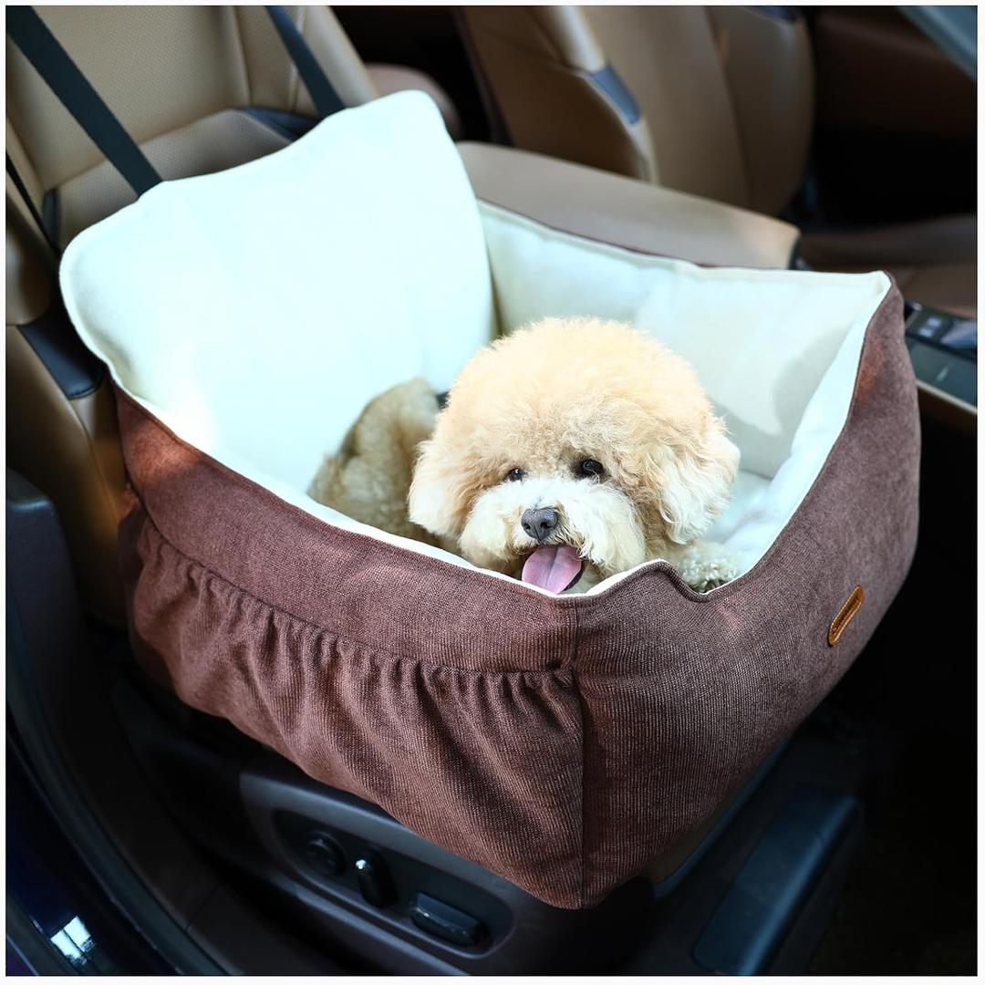 Dog Car Seat for Small Dogs Under 25Lbs, Portable Comfy Safe Puppy Car Seat Travel Bed with Storage Pockets, Fully Detachable Washable Dog Booster Carseats for Front & Back Seats, Brown (Medium)
