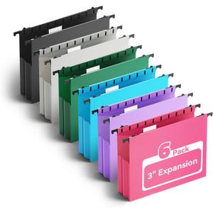 Plastic Hanging File Folders Letter Size,Heavy Duty 3 Inch Expansion Folder,6 Pack Reinforced Expanding File Folder,Extra Capacity Accordian Pocket,Colored Hanging Folder Organizer for Home Office (Multicoloured)
