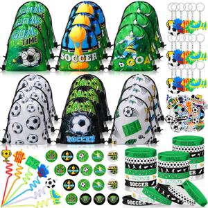 Sadnyy 140 Pcs Soccer Party Favors Football Birthday Party Decorations Supplies Drawstring Bags with Silicone Bracelets Keychains Straws Button Pins Stickers for Goodie Bags Stuffers