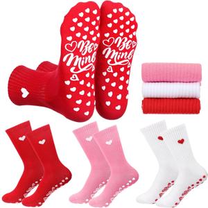 Geyoga 3 Pairs Heart Pilates Socks for Women Nonslip Gripper Yoga Athletic Crew Socks for Mother's Day, Barre, Barefoot (Red White Pink)