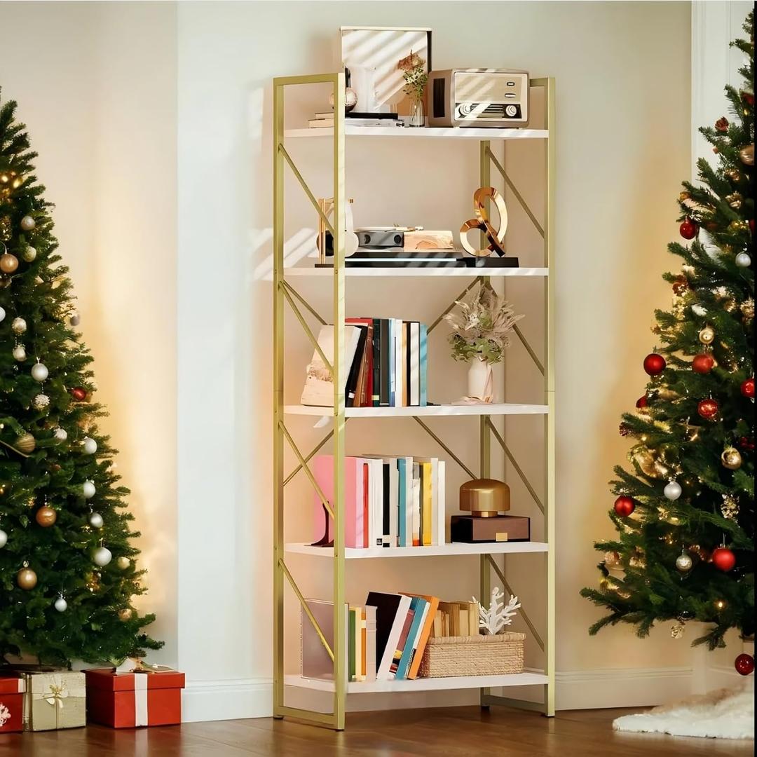 DWVO Gold Bookshelf, Modren 5 Tier Bookcase, Storage Shelves Organizer Standing Shelf, Display Rack Book Shelves for Bedroom,Living Room,Office,Kitchen, Gold, 11.8"d X 23.6"w X 62.2"h