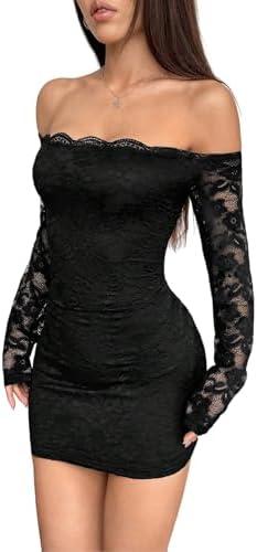 SISKIN Lace Mini Bodycon Dress Sexy Long Sleeve Hollow Out Y2K Off The Shoulder Mesh Going Out Birthday Dresses Women, Large