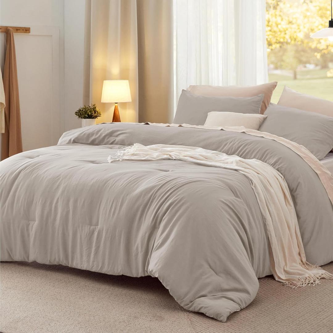 Bedsure Queen Size Comforter Set, Linen Soft Prewashed Bedding for All Seasons, 3 Pieces GentleSoft Warm Down Alternative Bed Set, 1 Lightweight Comforter (90"x90") and 2 Pillowcases (20"x26")