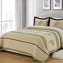 Grand Linen 3-Piece Sage Green/Beige/Brown Tropical Palm Tree Embroidered Duvet Cover Set Queen Size - Luxury, Ultra Soft and Durable. Size 94 × 92