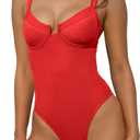 BERLOOK One Piece Swimsuit Women Tummy Control Ribbed Retro Bathing Suits Contrast Trim Knotted Sexy Slimming Swimwear (Red, M)