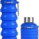 JaneJu Collapsible Water Bottle, 17oz BPA Free Silicone Reusable Portable Lightweight Foldable Water Bottles with Carabiner, Portable Leak Proof Sports Water Bottle (Navi Blue)
