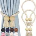 2 Pack Magnetic Curtain Tiebacks Cotton Hand Woven Tie Back Decorative Rope Holdbacks for Curtains Draperies No Tools Required, Beige
