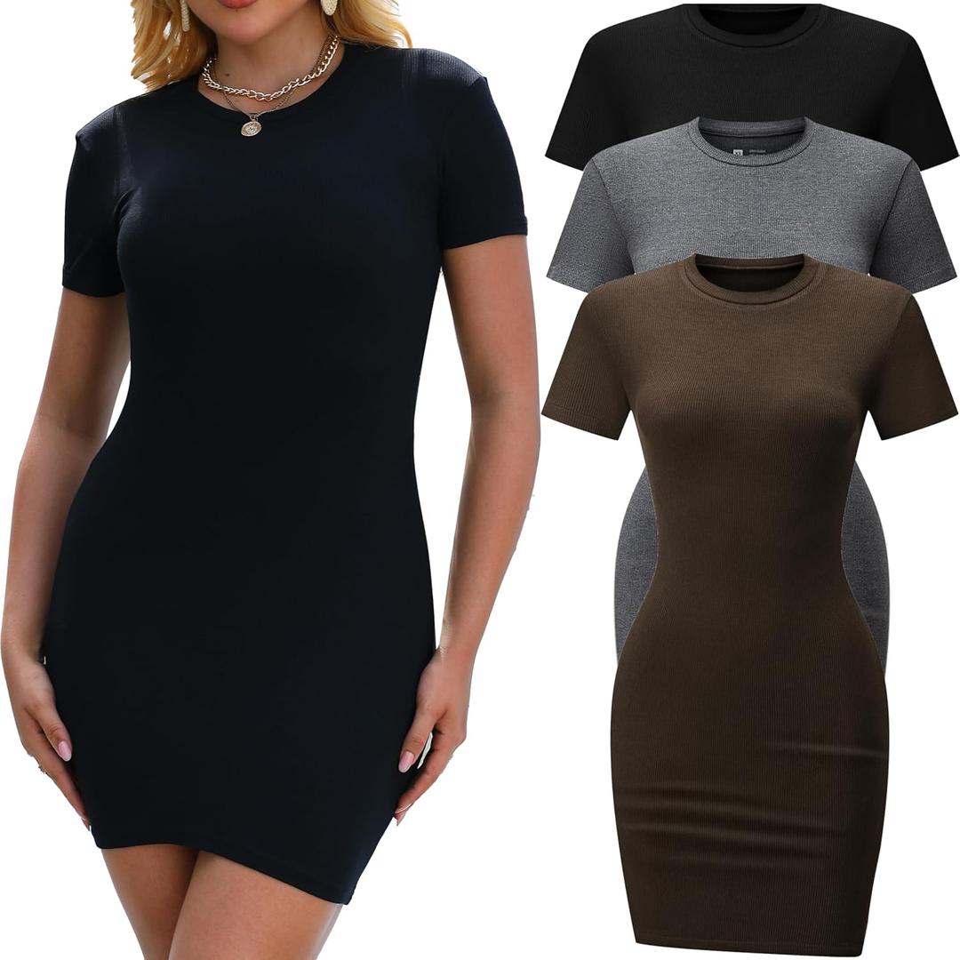 3 Pack Summer Dresses for Women Crew Neck Short Sleeve T Shirt Dress Basic Ribbed Bodycon Mini Dress (Medium, Black/Gray/Coffee1)