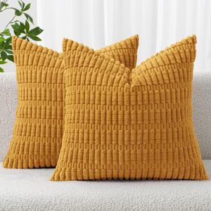 MIULEE Pack of 2 Corduroy Decorative Throw Pillow Covers 16x16 Inch Soft Boho Striped Pillow Covers Modern Farmhouse Home Decor for Summer Sofa Living Room Couch Bed Gold Yellow