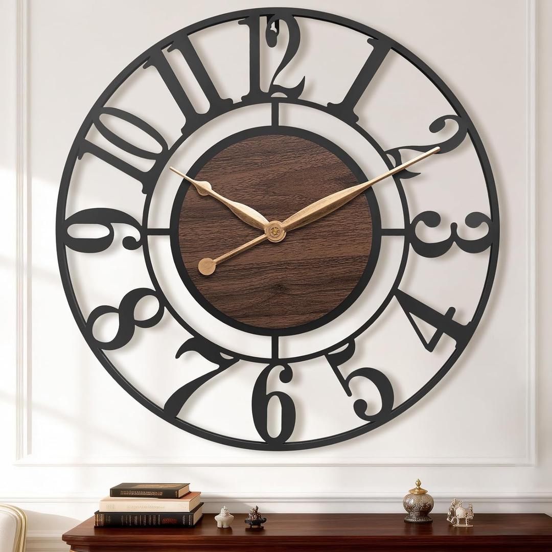 16 Inch Large Wall Clock,Modern Decorative Black Metal Silent Battery Operated Big Arabic Numeral Wall Clock for Living Room,Bedroom,Kitchen,Office,Farmhouse,Housewarming Gift (Brown)