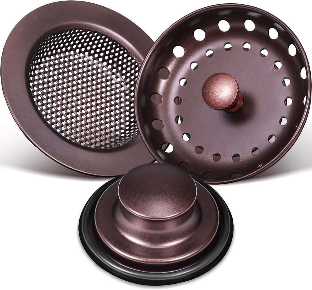 Mudder 3 Pcs Kitchen Sink Drain Strainer and Stopper Stainless Steel Garbage Disposal Plug with Handle Universal Anti-Clogging Kitchen Sink Filter Sieve Basket Strainer(Oil Rubbed Bronze)